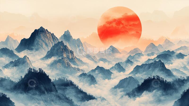高清大图下载【趣麦麦图】红日水墨山水145