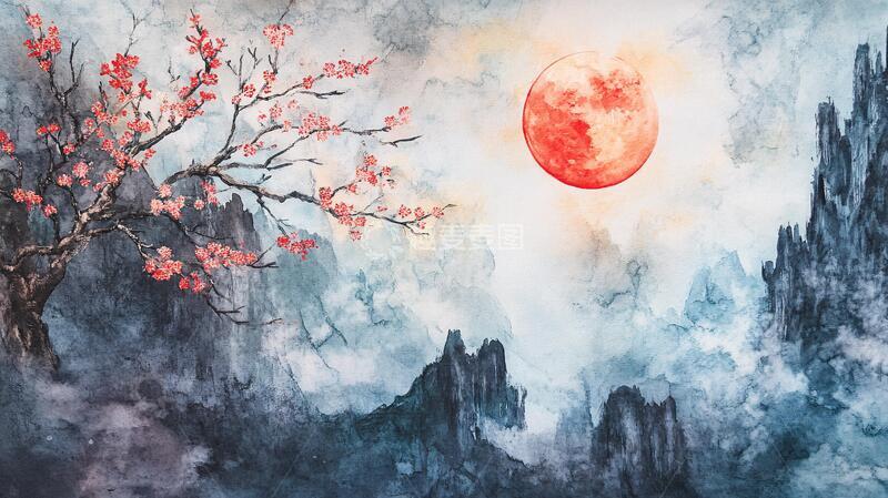 高清大图下载【趣麦麦图】红日水墨山水151