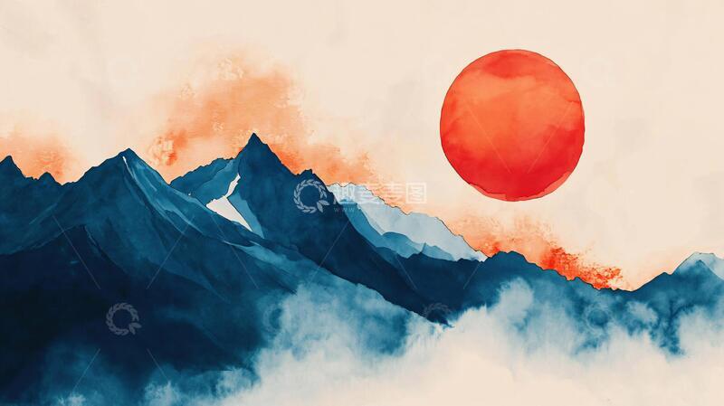 高清大图下载【趣麦麦图】红日水墨山水153