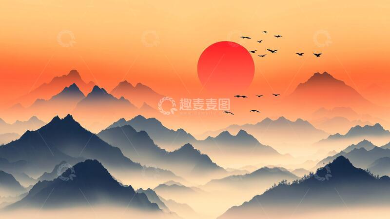 高清大图下载【趣麦麦图】红日水墨山水148