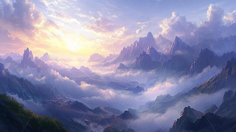 高清大图下载【趣麦麦图】云海山脉场景背景手绘