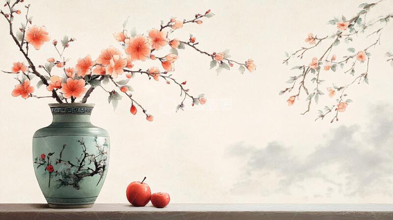 高清大图下载【趣麦麦图】新中式手绘红色花鸟6