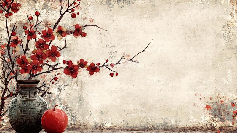 高清大图下载【趣麦麦图】工笔手绘红墙梅花4