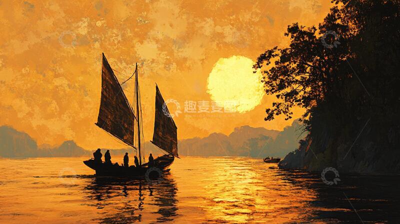 高清大图下载【趣麦麦图】月影风帆月影风帆插画
