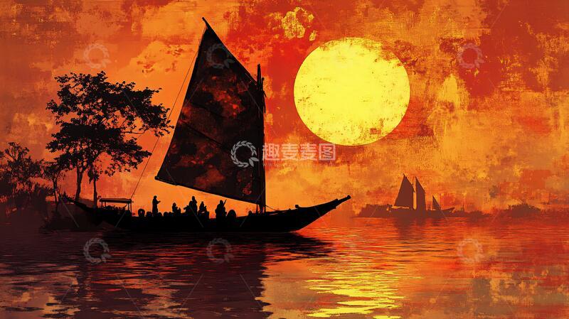 高清大图下载【趣麦麦图】孤舟插画帆船水墨插画