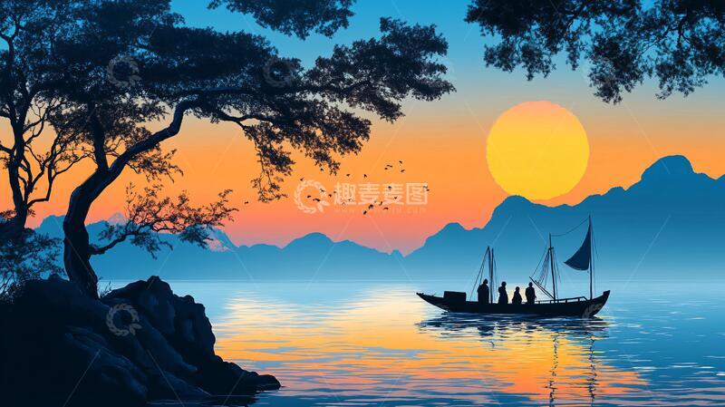 高清大图下载【趣麦麦图】中式山水渔船