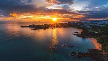 航拍双月湾航拍日落风光