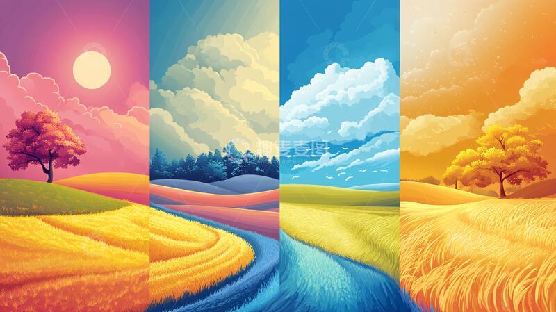 高清大图下载【趣麦麦图】插画四季插画季节色块