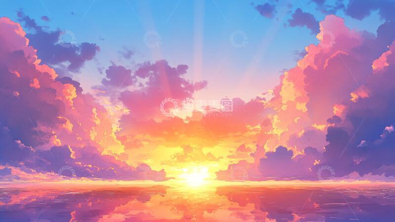 高清大图下载【趣麦麦图】唯美晚霞插画