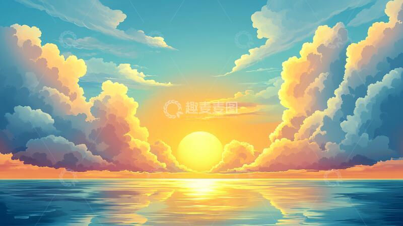 高清大图下载【趣麦麦图】海上落日插画12