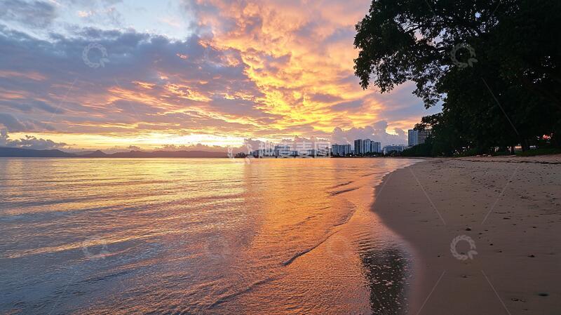 高清大图下载【趣麦麦图】银滩晚霞晚霞银滩彩霞