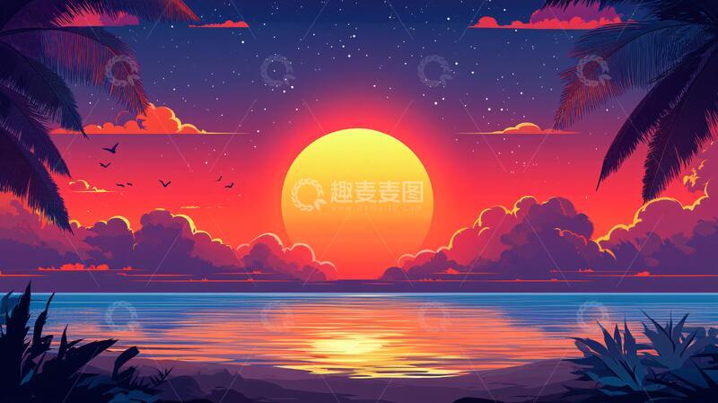 高清大图下载【趣麦麦图】海边落日插画58