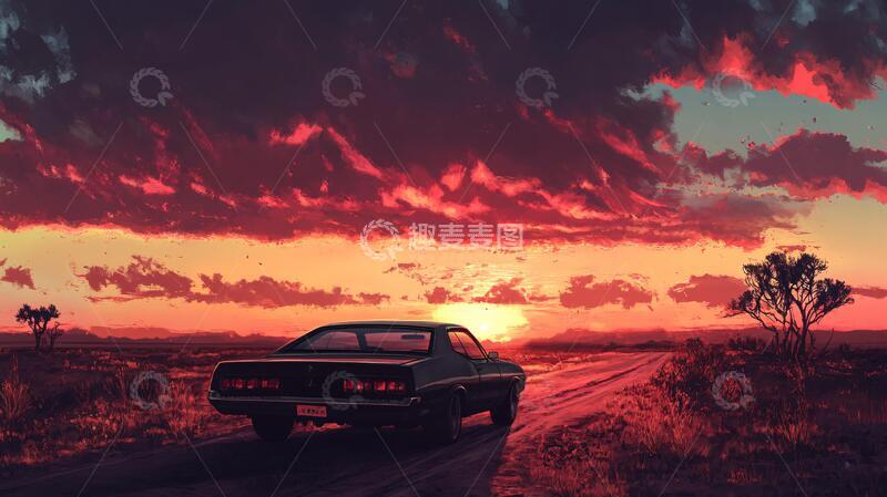高清大图下载【趣麦麦图】晚霞中的车汽车晚霞落日