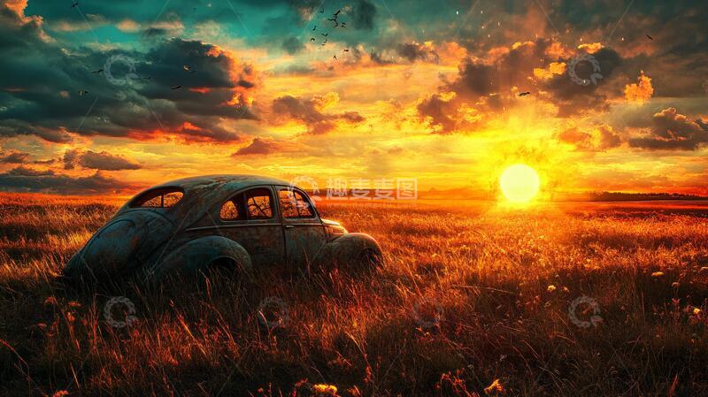 高清大图下载【趣麦麦图】草地上废弃汽车