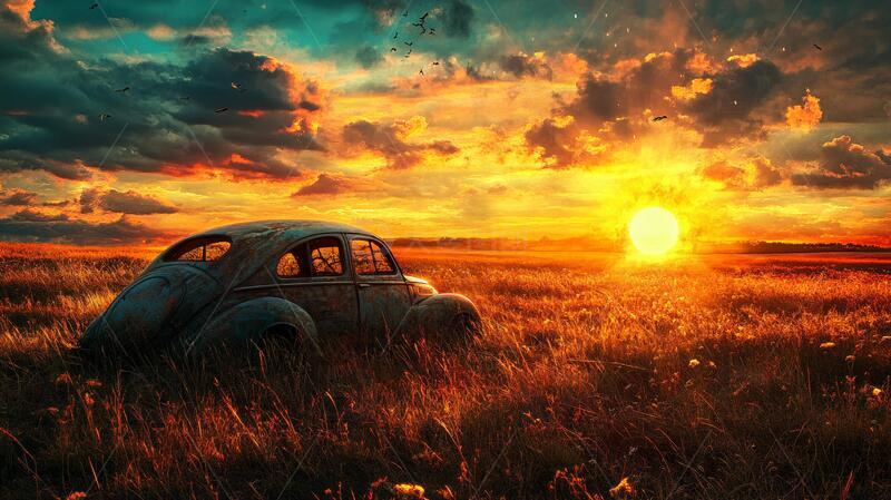 高清大图下载【趣麦麦图】草地上废弃汽车