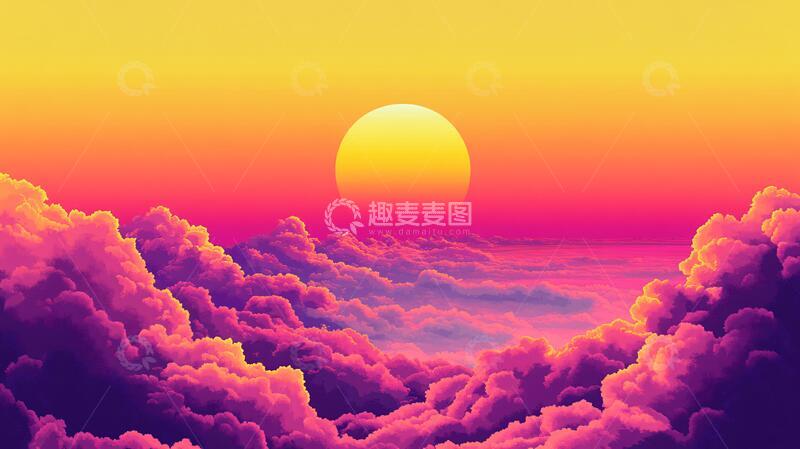 高清大图下载【趣麦麦图】云海插画插画落日日落