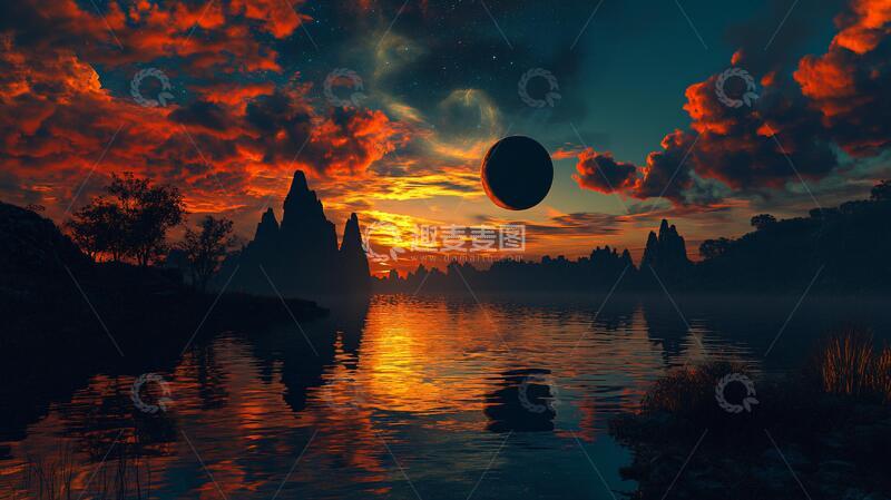 高清大图下载【趣麦麦图】水面倒影月圆之夜1