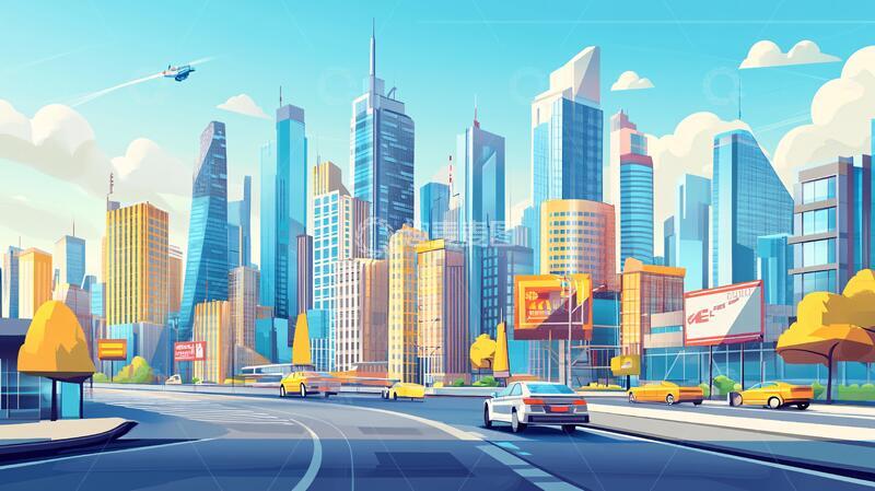 高清大图下载【趣麦麦图】卡通现代城市插画插图