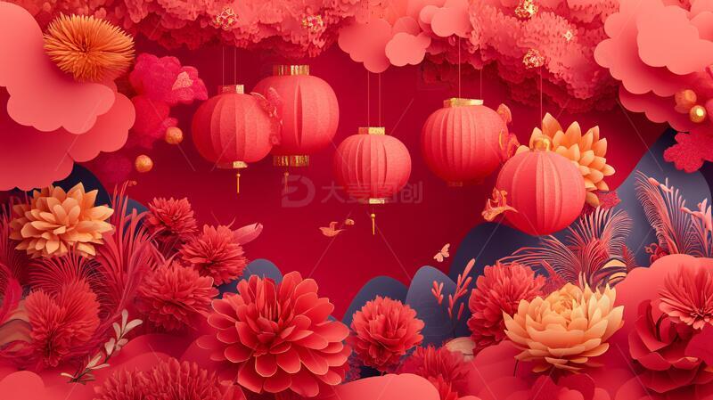 春节纸花背景氛围纸花