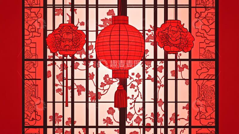 高清大图下载【趣麦麦图】中式花窗插画
