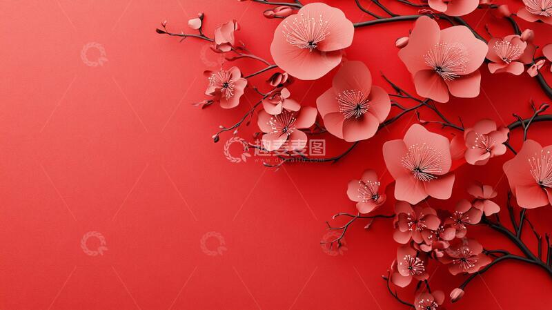 高清大图下载【趣麦麦图】-红底梅花剪纸红色红底