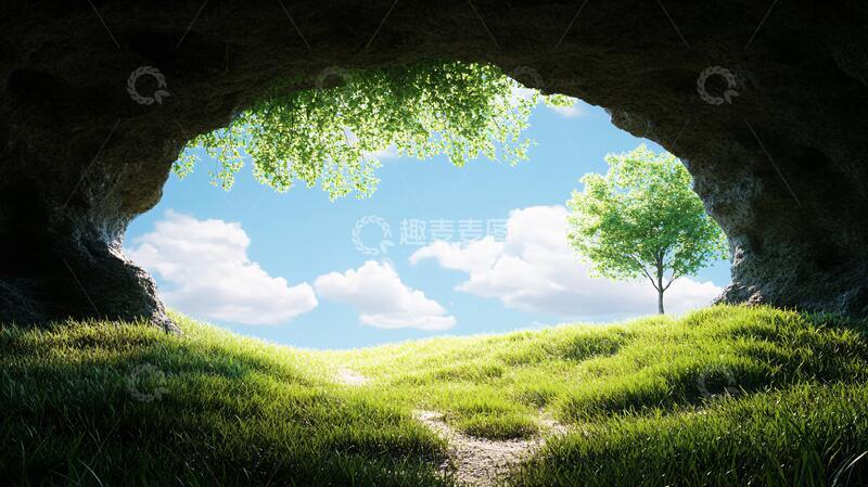 高清大图下载【趣麦麦图】绿树环绕的山洞1
