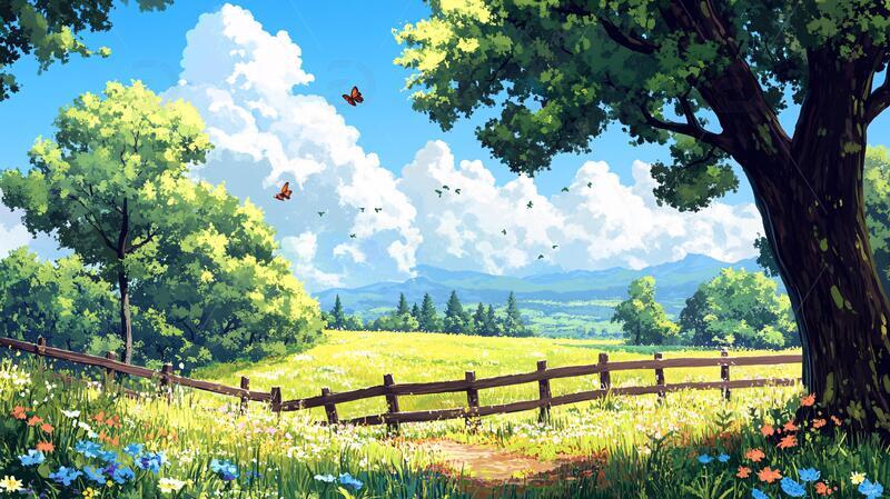 高清大图下载【趣麦麦图】宽屏风景画插画场景农村1