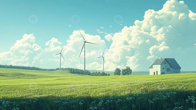 高清大图下载【趣麦麦图】蓝天白云风车草地1