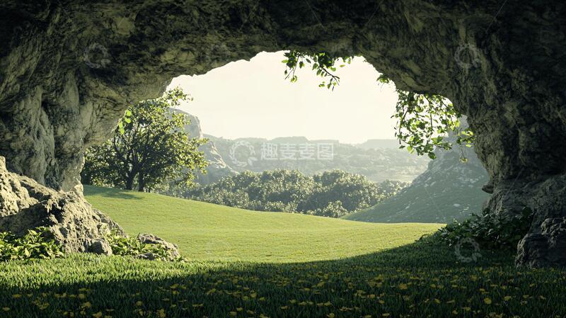 高清大图下载【趣麦麦图】绿树环绕的山洞