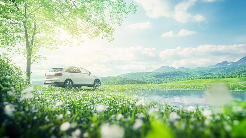 高清大图下载【趣麦麦图】草原蓝天白云汽车1