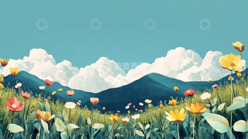 高清大图下载【趣麦麦图】花丛蓝天白云背景