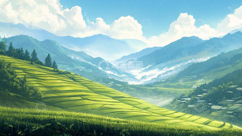 高清大图下载【趣麦麦图】水稻梯田插画1