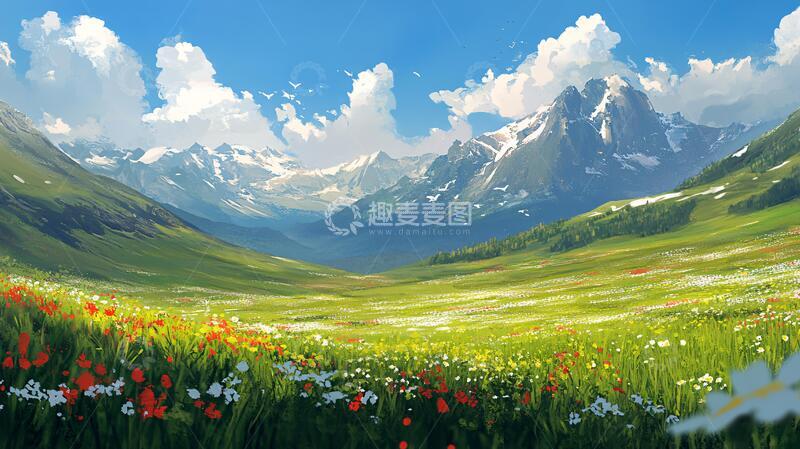 高清大图下载【趣麦麦图】宽屏风景画插画草地原画