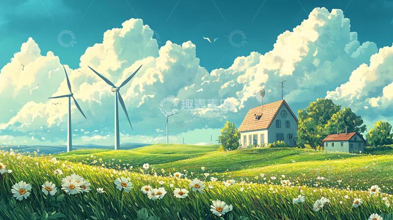 高清大图下载【趣麦麦图】风车村风景画