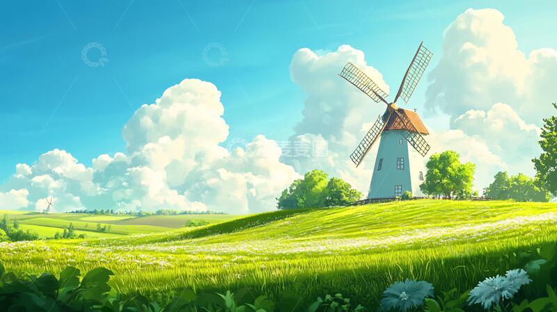 高清大图下载【趣麦麦图】蓝天白云风车草地