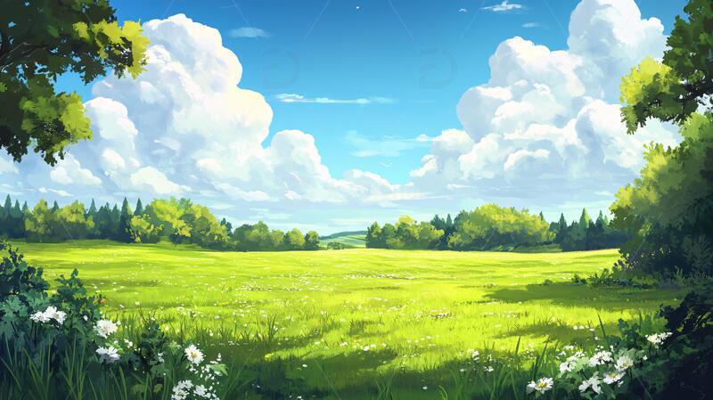 高清大图下载【趣麦麦图】草地原画插画场景草地1