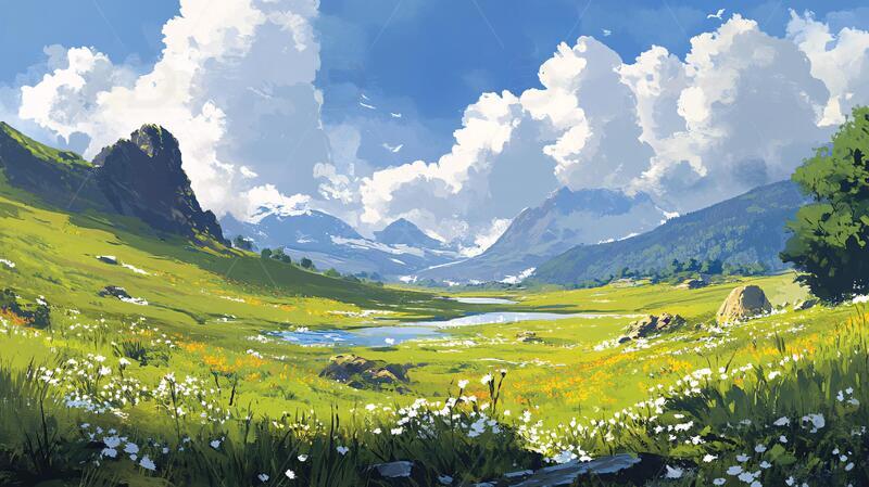 高清大图下载【趣麦麦图】草地原画插画场景草地