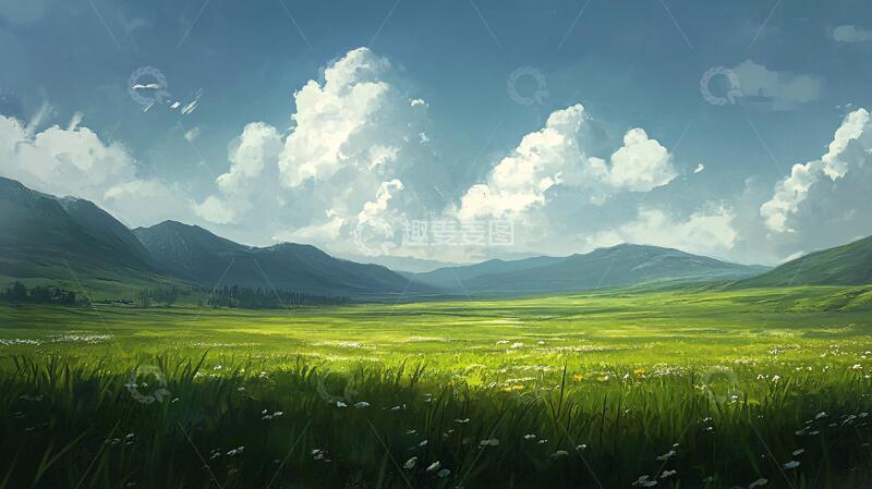 高清大图下载【趣麦麦图】草地原画草原插画风光1