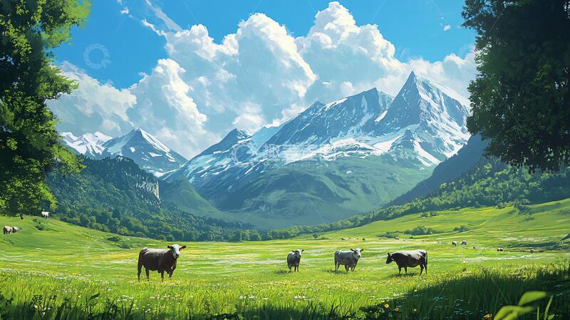 高清大图下载【趣麦麦图】山峦草地牛草地原画巨幅