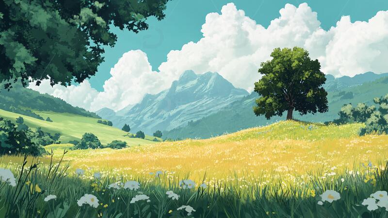 高清大图下载【趣麦麦图】草地场景插画1