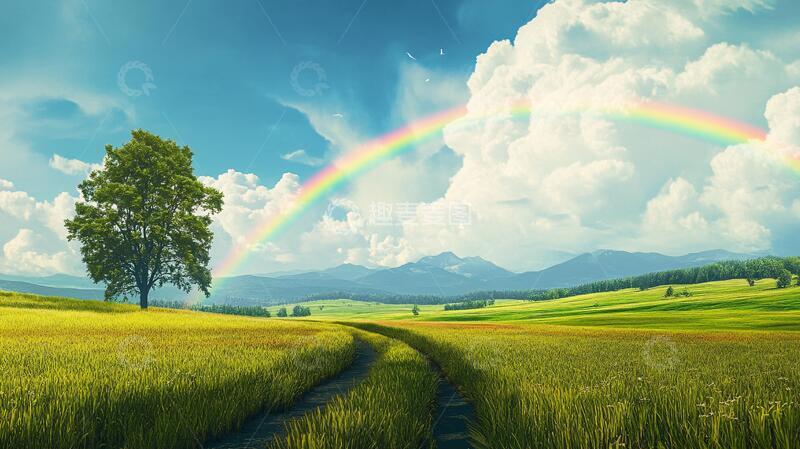 高清大图下载【趣麦麦图】彩虹蓝色白云绿地