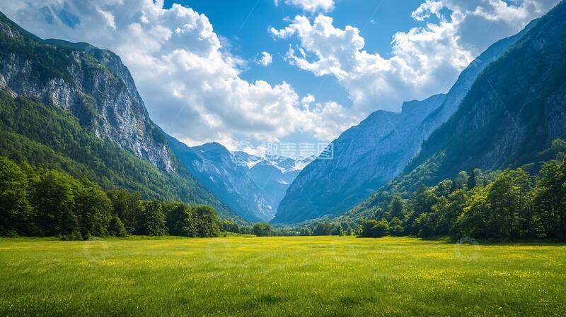 高清大图下载【趣麦麦图】蓝天白云山脉草地背景5