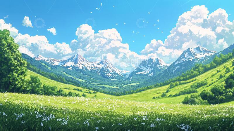 高清大图下载【趣麦麦图】宽屏风景画插画手绘草地