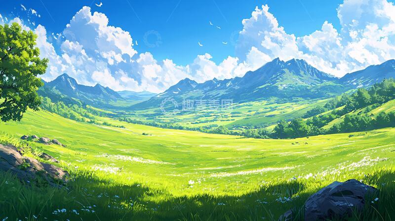 高清大图下载【趣麦麦图】草地原画草原插画草地
