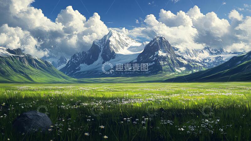 高清大图下载【趣麦麦图】蓝天白云山脉草地背景4