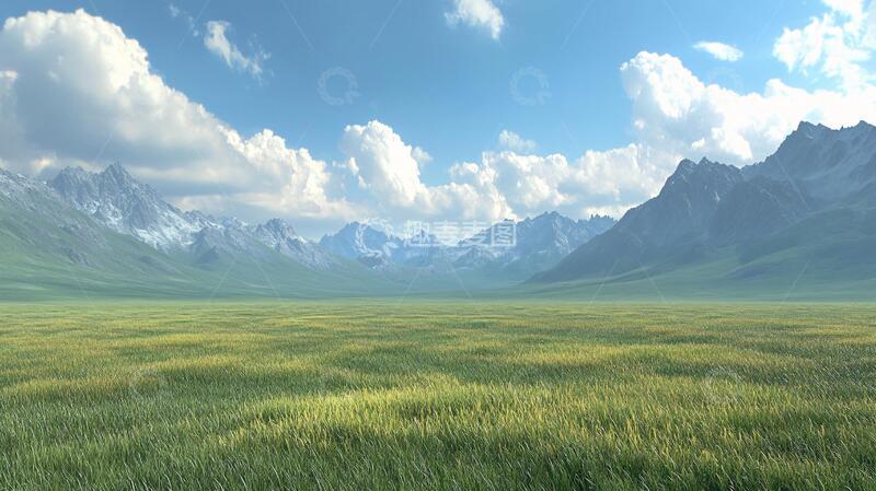 高清大图下载【趣麦麦图】蓝天白云山脉草地背景3