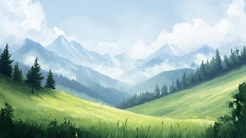 高清大图下载【趣麦麦图】草地原画插画手绘草原