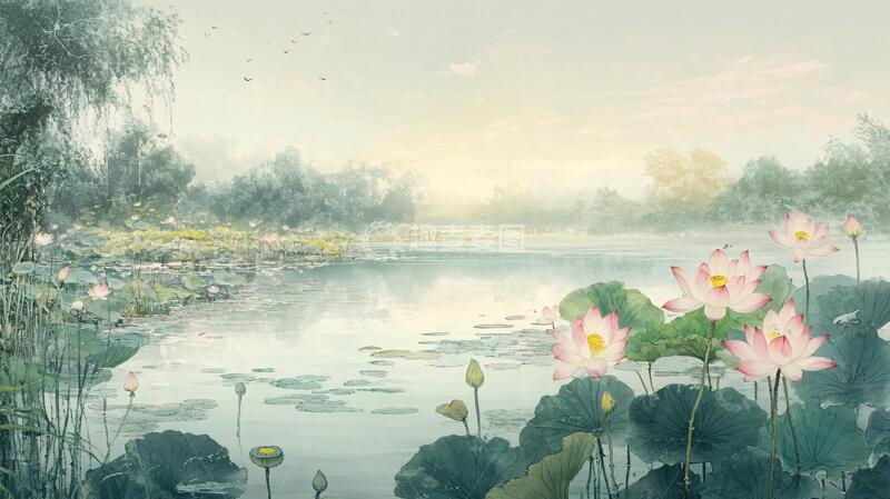 高清大图下载【趣麦麦图】荷花大场景荷花意境插画