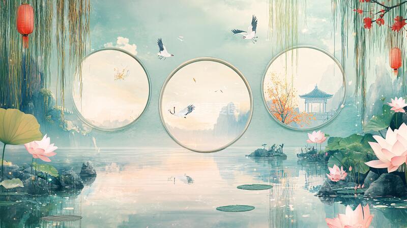 高清大图下载【趣麦麦图】圆框山水壁画