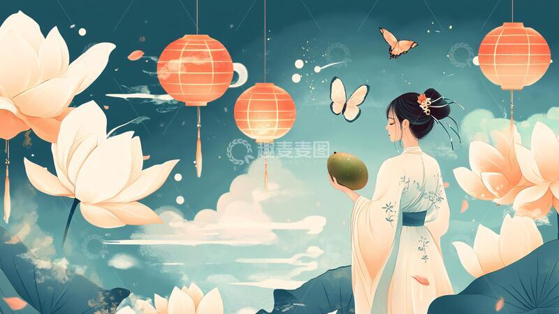 高清大图下载【趣麦麦图】荷叶汉服女生插画2